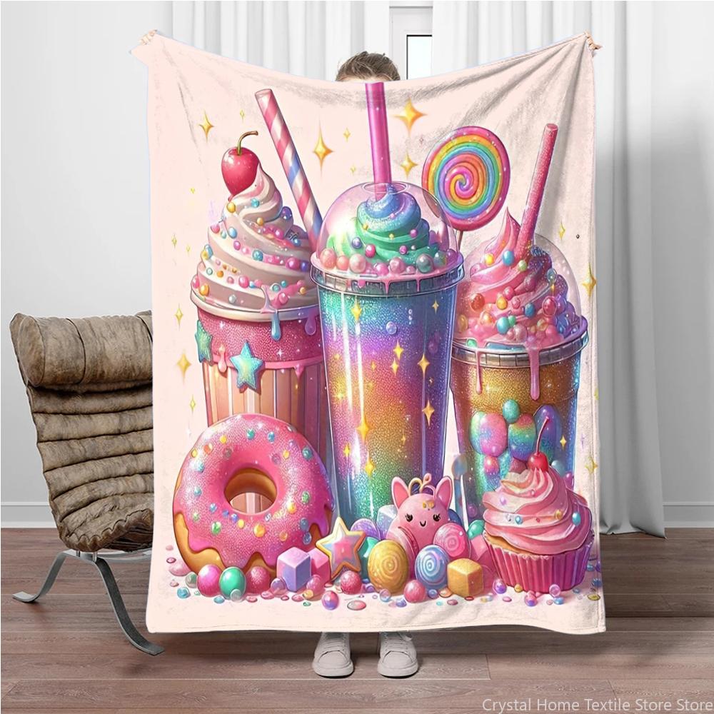 Flannel Throw Blanket Whimsical Ice Cream & Sweets Fantasy,suitable for sofas,beds,offices,travel,camping chairs,warm blanket 75x90cm