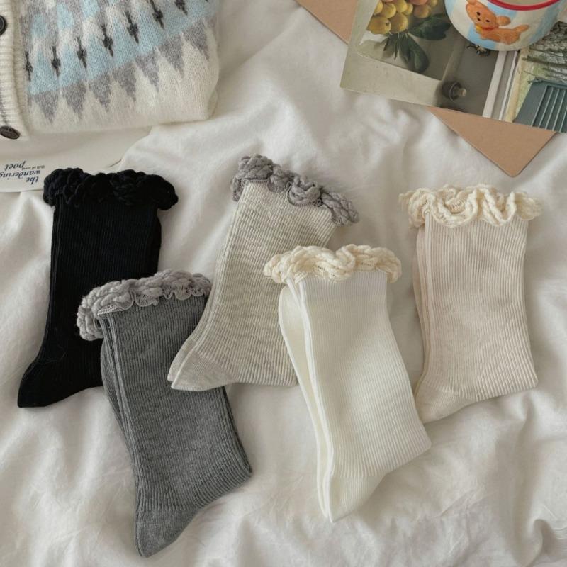 Women's Spring and Autumn Solid Color Versatile Knit Lace Mid Tube Stack Socks