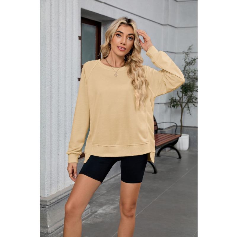Damen Herbst und Winter Neu Einfarbig Gerippt Rundhals Langarm Lockeres Sweatshirt Top