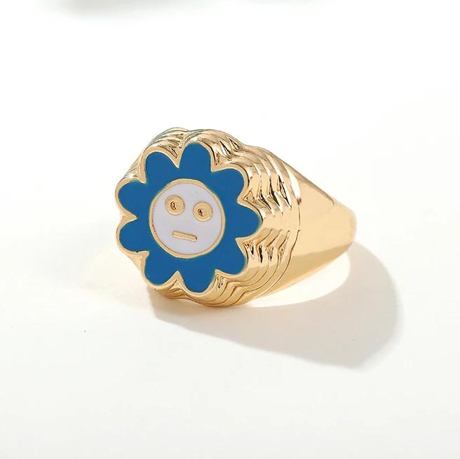 

Aesthetic Colorful Evil Eyes Love Heart Rings for Women Sweet Sunflower Drip Oil Enamel Metal Finger Rings Couple Zircon
