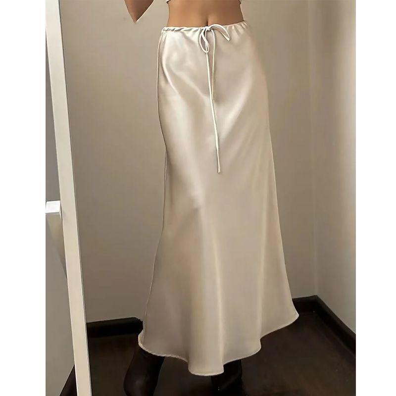Solid Color Skirt European and American Sheath Summer Satin Long dress High Waist Drawstring Lace-up Solid Skirt
