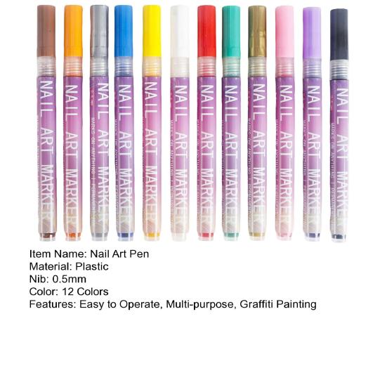1 Set 12 Colors Nail Art Pens DIY Gel Nail Art Acrylic Paint Markers Quick Dry Graffiti Dotting Point Liner Pens Nail Art Drawing Painting Tools