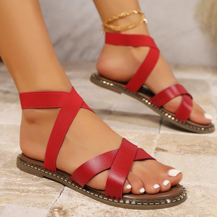 

Large size solid color cross broadband flat sandals summer new European and American style beach women s shoes 43 красный