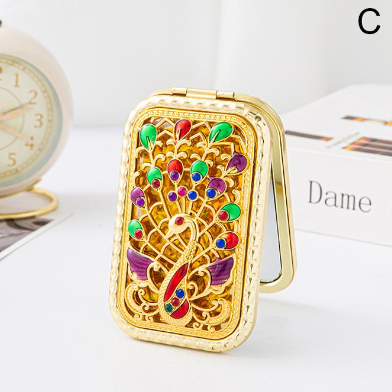 Foldable Retro Handheld Makeup Mirror Peacock Printed Compact Pocket Mirror Double Sided Rectangular Makeup Dressing Mirror