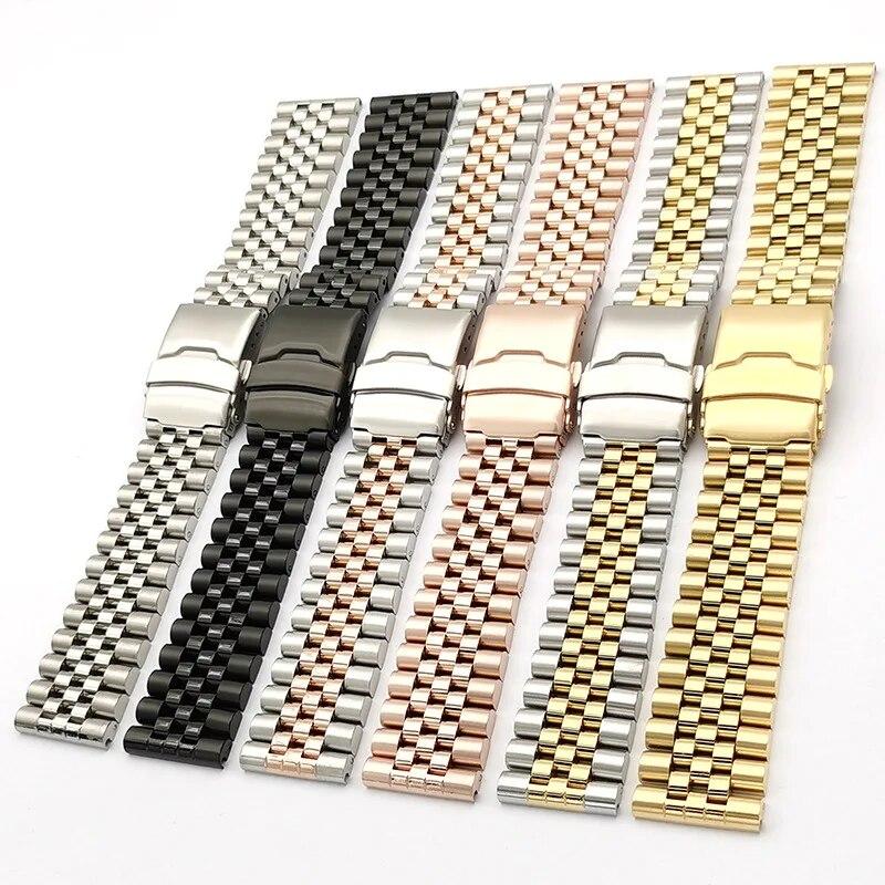 304 Solid Stainless Steel Strap 20mm 22mm Folding Buckle Curved End Men Women 5 Pointer Gold Metal Watch Band Accessories