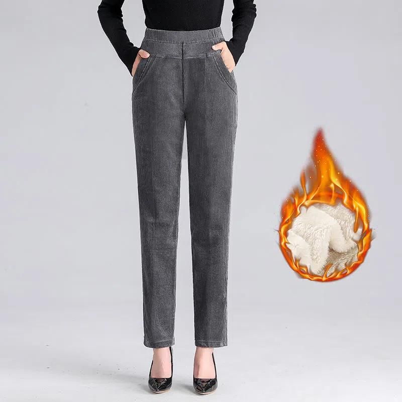 

Женские зимние винтажные термо джинсы больших размеров однотонные вельветовые брюки широкого кроя XL серый