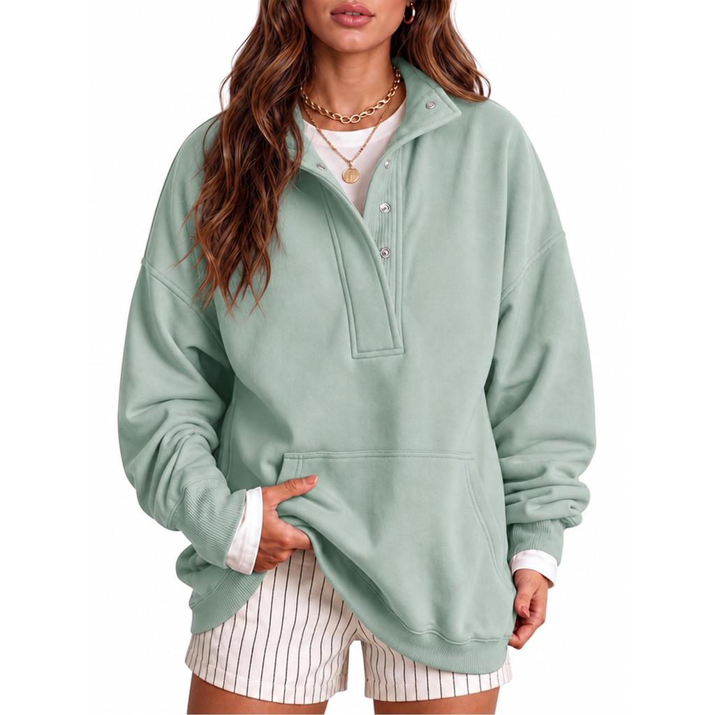 Women's Loose Fit Sweatshirt Button Pullover with Pockets