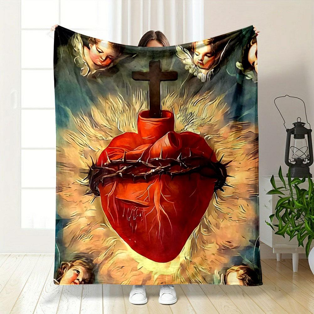 A Flaming Sacred Heart with a Crown of Thorns and a Cross Above. for All Seasons Blanket Lunch Break Throw Gift 75X95CM