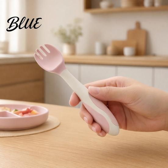 Cucchiaio per Bambini con Manico Curvo Forchetta da Allenamento e Set Utensili Flessibili Antiscivolo Bordi Arrotondati Antiscivolo Strumenti per l'Autosvezzamento/Alimentazione per Destri/Mancini