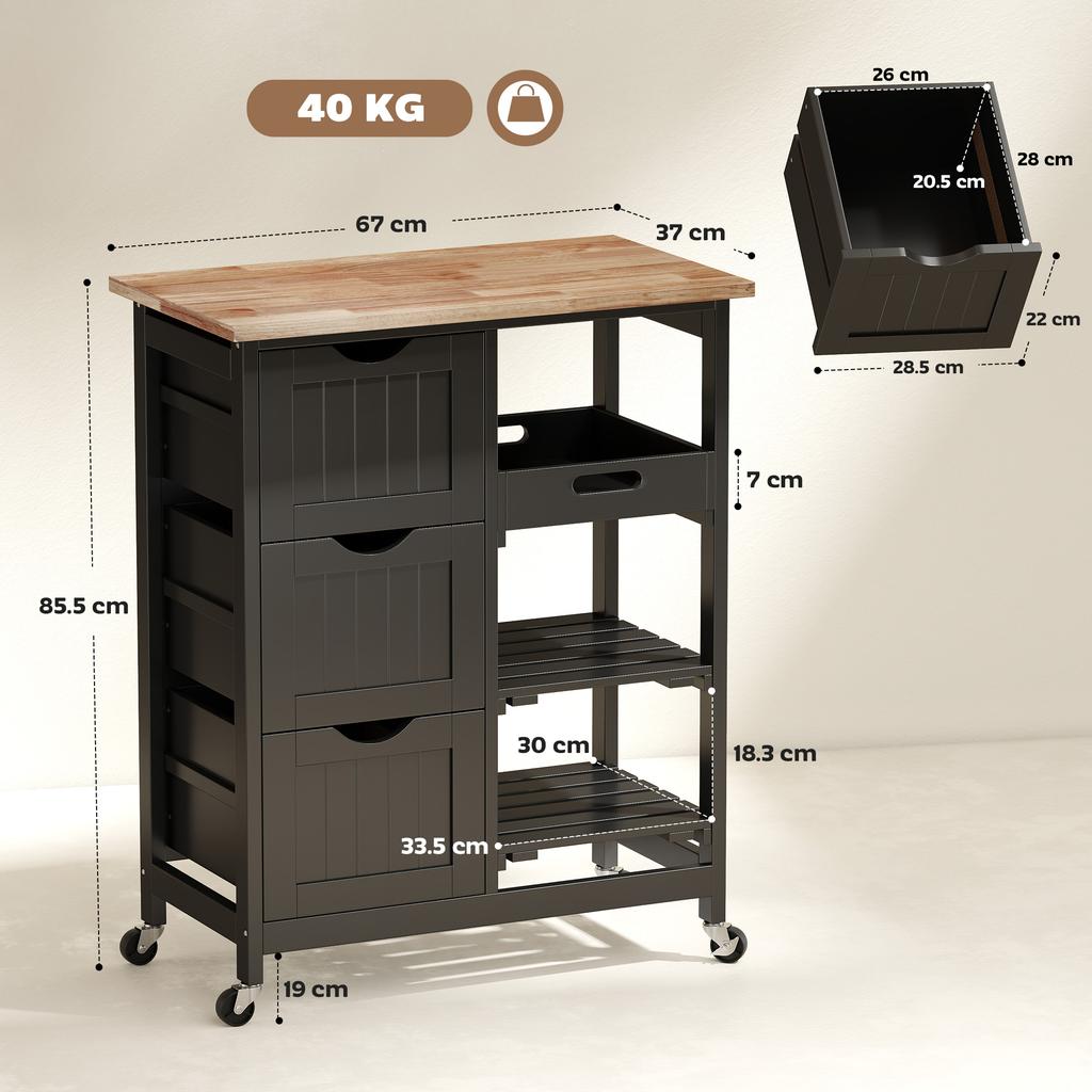 Rolling Kitchen Island Cart, Bar Serving Cart, Compact Trolley on Wheels with Wood Top, Shelves & Drawers for Home Dining Area, Black