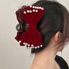 Velvet Pearl Bow Hairpin for Women Red Hairpin Oversized Acetate Grab Clip for Party for Autumn and Winter