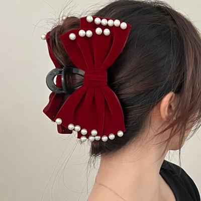 Velvet Pearl Bow Hairpin for Women Red Hairpin Oversized Acetate Grab Clip for Party for Autumn and Winter