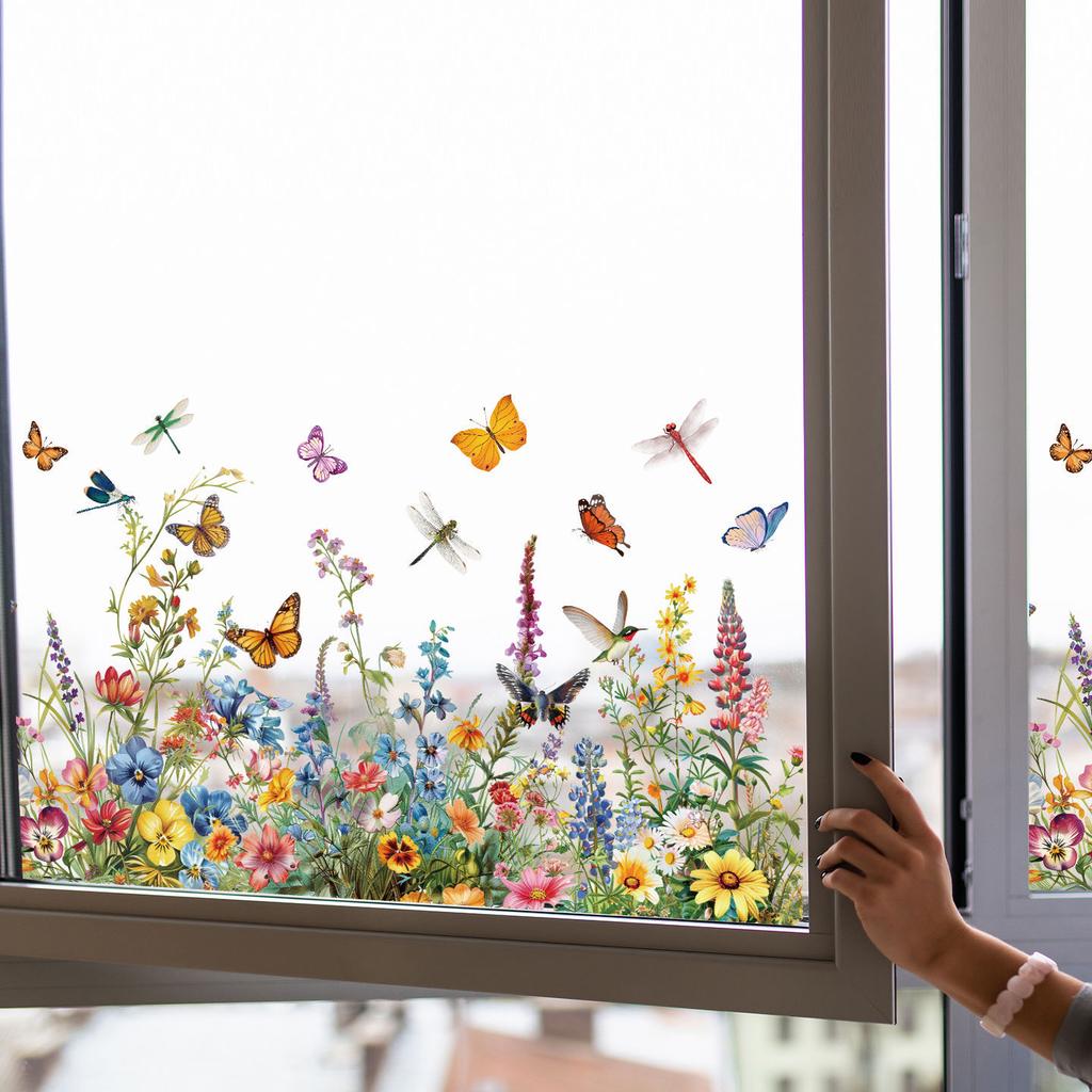 Green Plants, Flowers, Butterfly Wall Stickers Window Stickers Glass Window Room Decoration Electrostatic Stickers