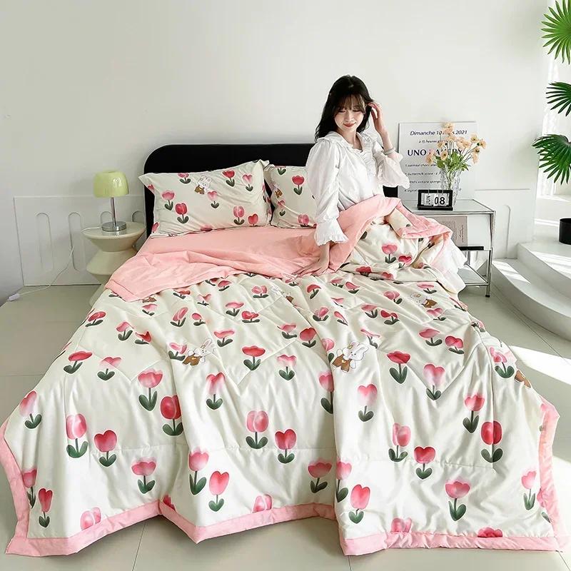 Soft Skin-Friendly Summer Quilt Set Or 1 Pcs Quilt Comfortable Breathable Summer Blanket Lightweight Durble Air Condition Duvet
