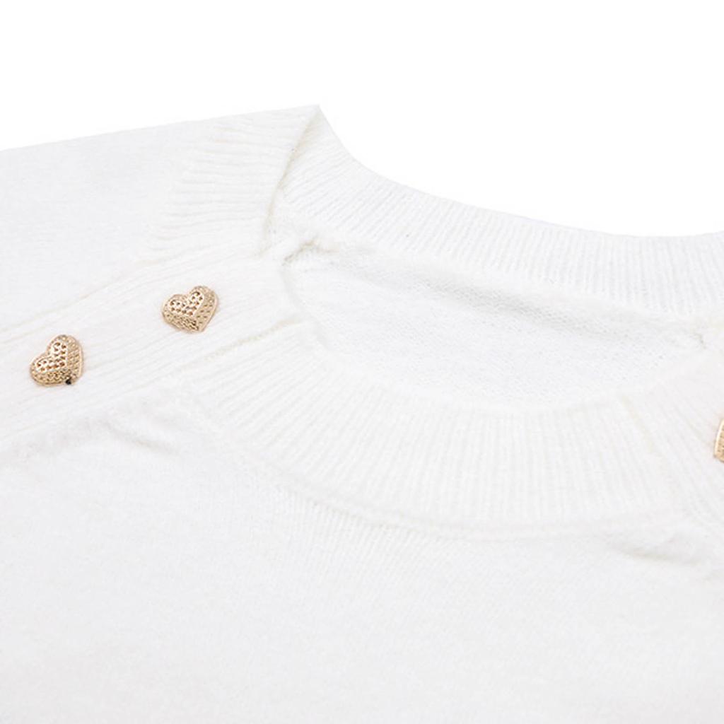 Women's Stripe Knitted Sweater Round Neck Shoulder Button Pullover Sweater