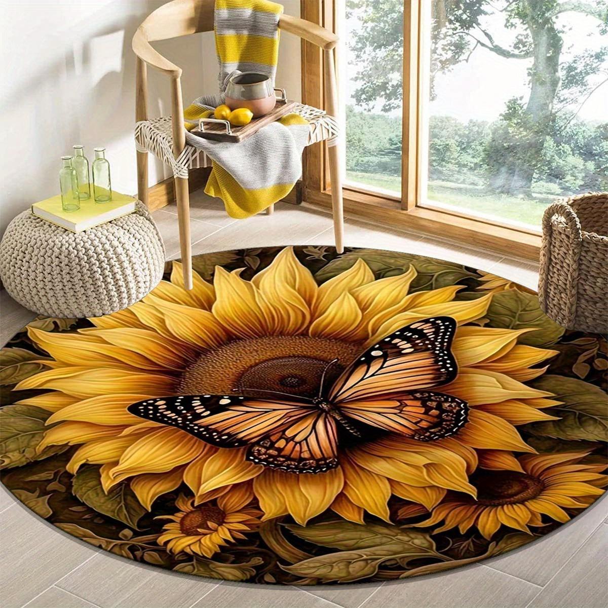 

1pc Beautiful Butterfly and Sunflower Round Rug, Non-slip Floor Mat for Living Room, Bedroom, Bathroom, Holiday Home Decoration 60cm