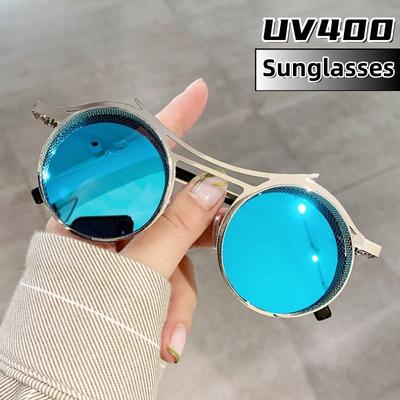 New Retro Fashion Steampunk Round Sunglasses For Women Men Versatile Retro Mesh Uv400 Protection Beach Shades Glasses