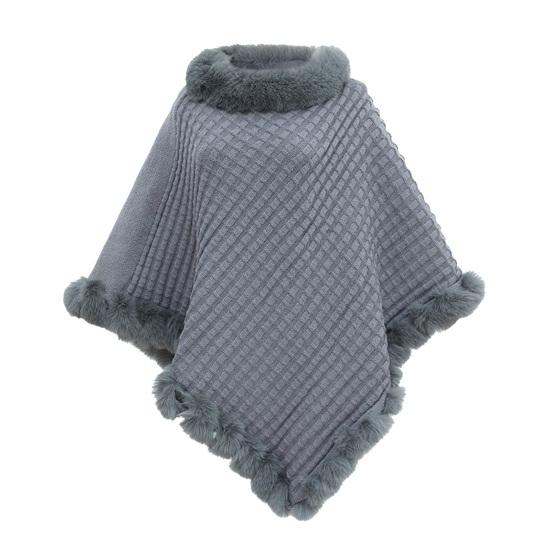 

Женская треугольная шаль-накидка однотонная клетчатая с отделкой из искусственного меха легкая теплая серый