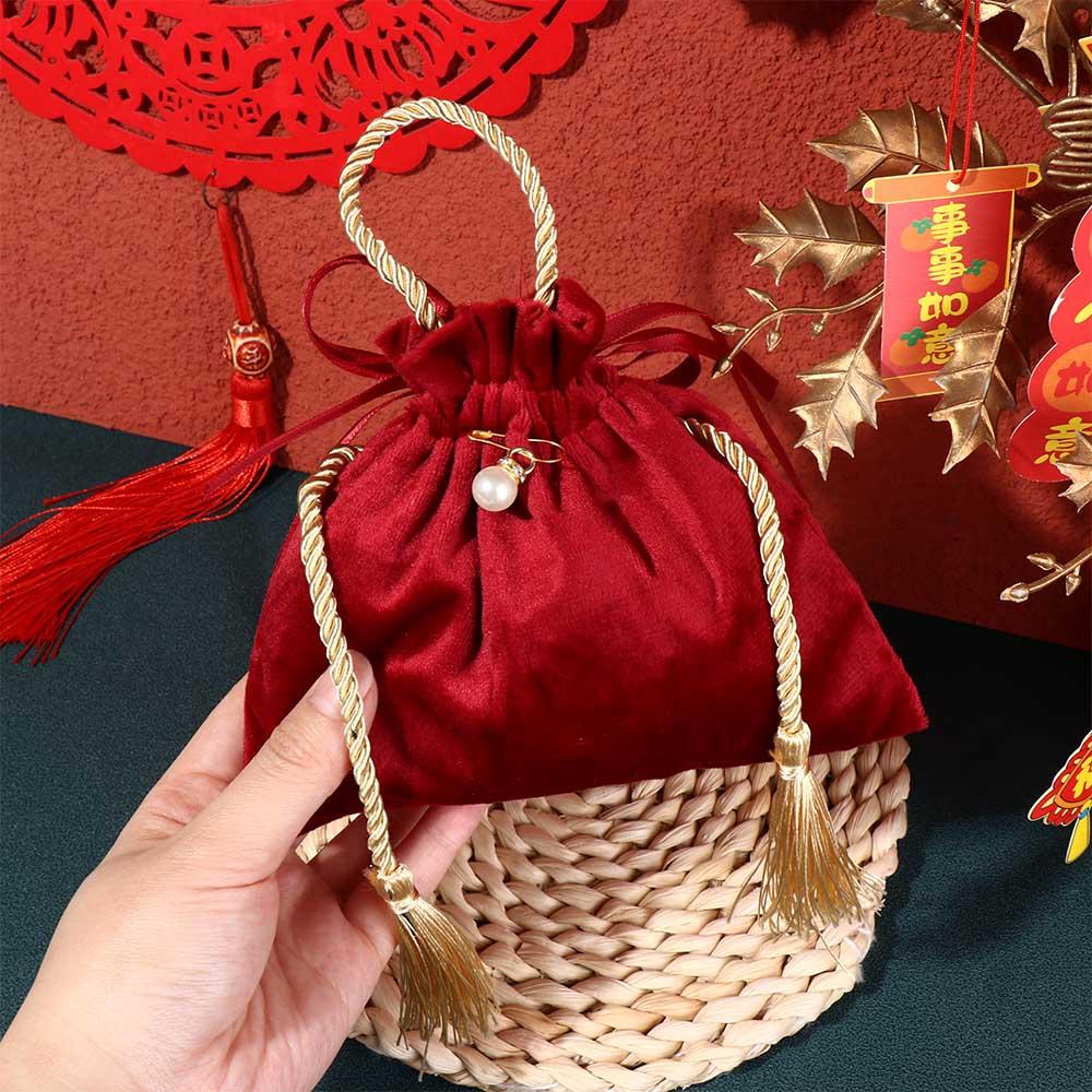 Velvet Flannel Gift Bag Wine Red Chinese Traditional Wedding Gift Bag Drawstring Candy Bag Guests