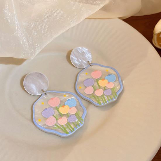 

1 пара акриловых сережек-гвоздиков с геометрическим милым цветочным узором, висячие серьги, аксессуары для ушей