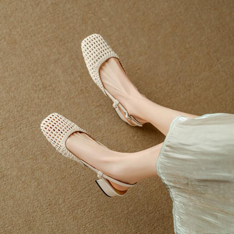 Fashion French Retro Woven Hollow Bag Head Sandals Women Summer New Gentle Back Strap Thick Heel Single Shoes