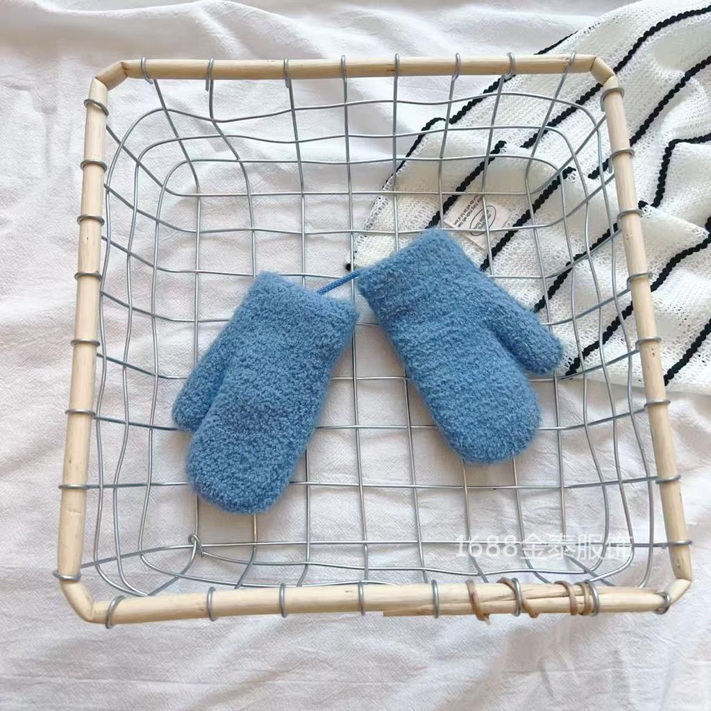 Baby Gloves Ins Soft Glutinous Waxy~ Korean Simple Solid Color Plush Baby Winter Thickened Warm Neck Bag Finger
