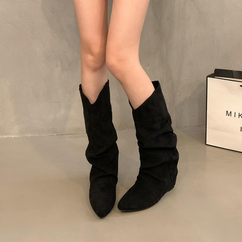 Inner height increase apricot suede pile medium tube knight boots women's shoes 2025 spring, autumn and winter pointed retro long boots