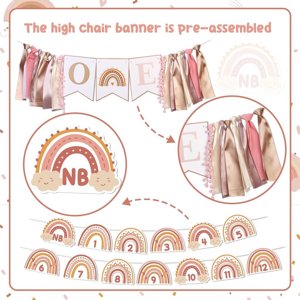 Boho Rainbow 1st Birthday Decorations for Girl, Isn’t She Lovely Isn't She Onederful Backdrop Cake Topper Apricot Pink Balloon Garland Arch Kit