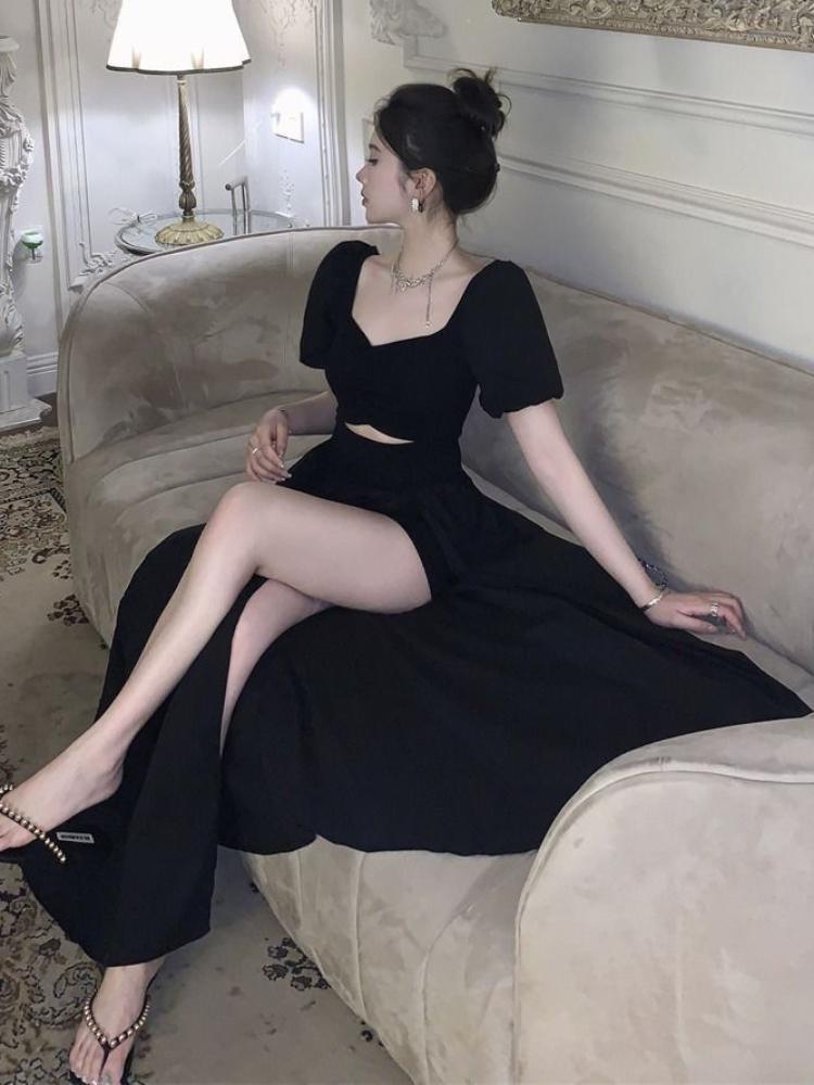 French Hollow Out Short Sleeve Black Maxi Dress Women Vintage Warm Square Collar A Line Dresses Female Summer Chic Vented Party Clothes Lady