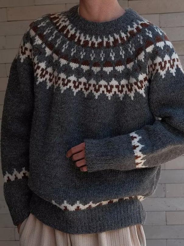 Men's Autumn/Winter French Fair Isle Stripe Knit Sweater - Round Neck, Loose Fit, Versatile Casual Style.