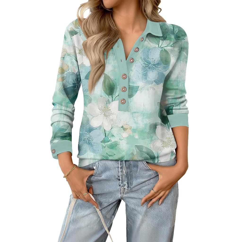 Women's Retro Street Lazy V,neck Long Sleeve Button Floral Print Pullover Top