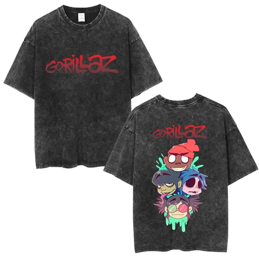 British Classic Virtual Band Gorillaz Poster Tshirt Men Women Streetwear Hip Hop Vintage Washed Cotton Top Oversized Summer Tee