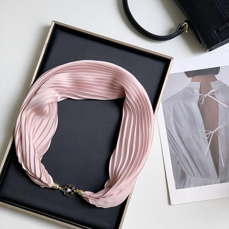 New Monochrome Magnetic Variety Silk Scarf Necklace Women's Pleated Summer Sunscreen Headscarf Decorative Scarf