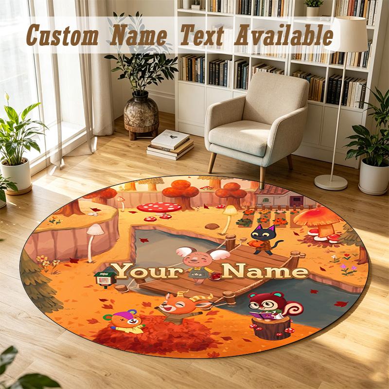 Animal Crossing Personalized Round Rug Support Custom Name, Soft Home Decor Mat