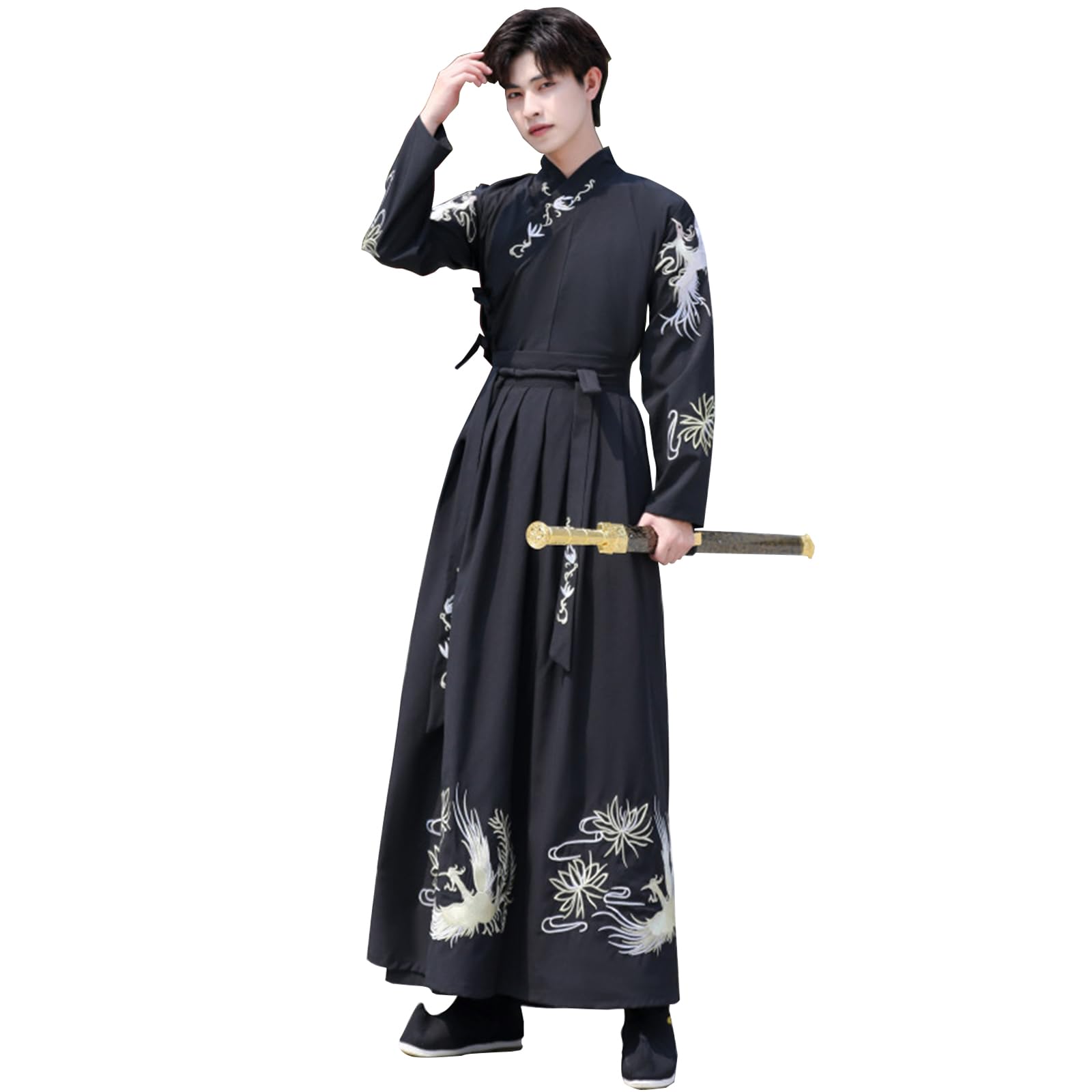 

LanBuff Hanfu Cosplay Costume Chivalrous Samurai Long Chinese Performance School Cultural Photo Stage Unisex Size 3-Piece Set, Swordsman, Man,
