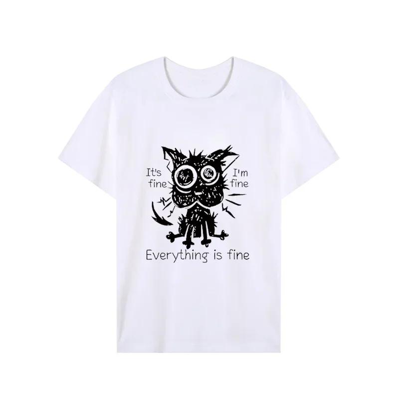 2023 New Mens Brand T-shirt for Men It's Fine I'm Fine Everythings Fine Funny Tshirt Oversized Tees Explosive Black Cat Shirts