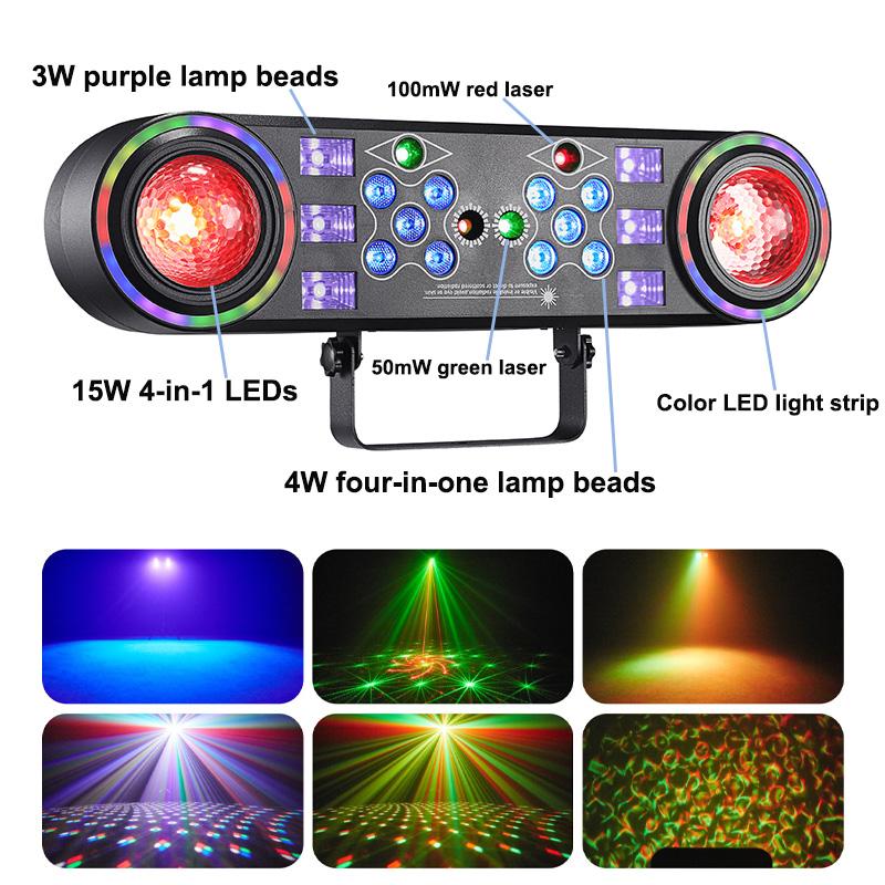 Double Ball Seven-in-one Effect Light 15W Magic Ball 4W Dye 3W Purple Red and Green Laser Effect Stage Light for DJ Disco Club