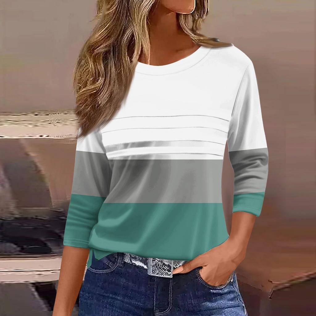 Damenmode, lässig, locker, 3/4-Ärmel, gestreift, bedruckt, Rundhals-Oberteil