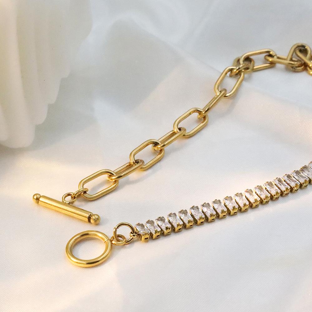 Fashion Titanium Steel Chain Splicing Zircon Necklace Women'S Light Luxury High-End Ot Buckle Necklace Jewelry