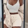 3 Teile/satz Herbst Winter Frauen Mantel Weste Shorts Set Dicken Plüsch Homewear Kleidung Nachtwäsche Mit Kapuze Lange Ärmel Offene Stich Warme Jacke Kordelzug
