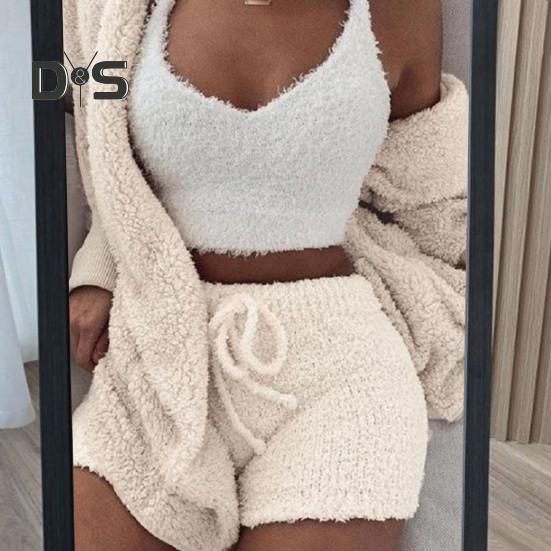 3 Teile/satz Herbst Winter Frauen Mantel Weste Shorts Set Dicken Plüsch Homewear Kleidung Nachtwäsche Mit Kapuze Lange Ärmel Offene Stich Warme Jacke Kordelzug