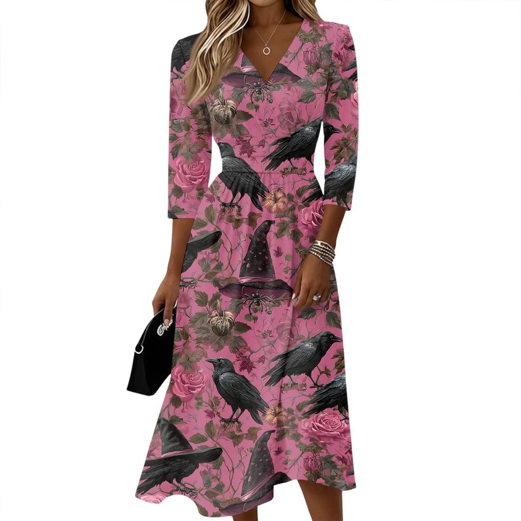 Women's Casual V Neck Midi Dress 3/4 Sleeve Back Zipper Floral Print Lightweight Comfortable Fit Daily Wear