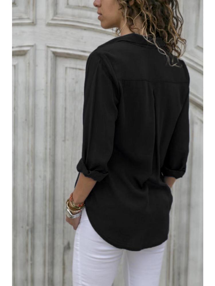 Women's Deep V Neck Long Sleeve Chiffon Shirt Solid Color Spring Summer Top