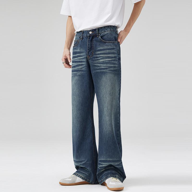 LKTM Unisex American Retro Dark Blue Micro-Flare Jeans, Whiskered Washed Long Pants