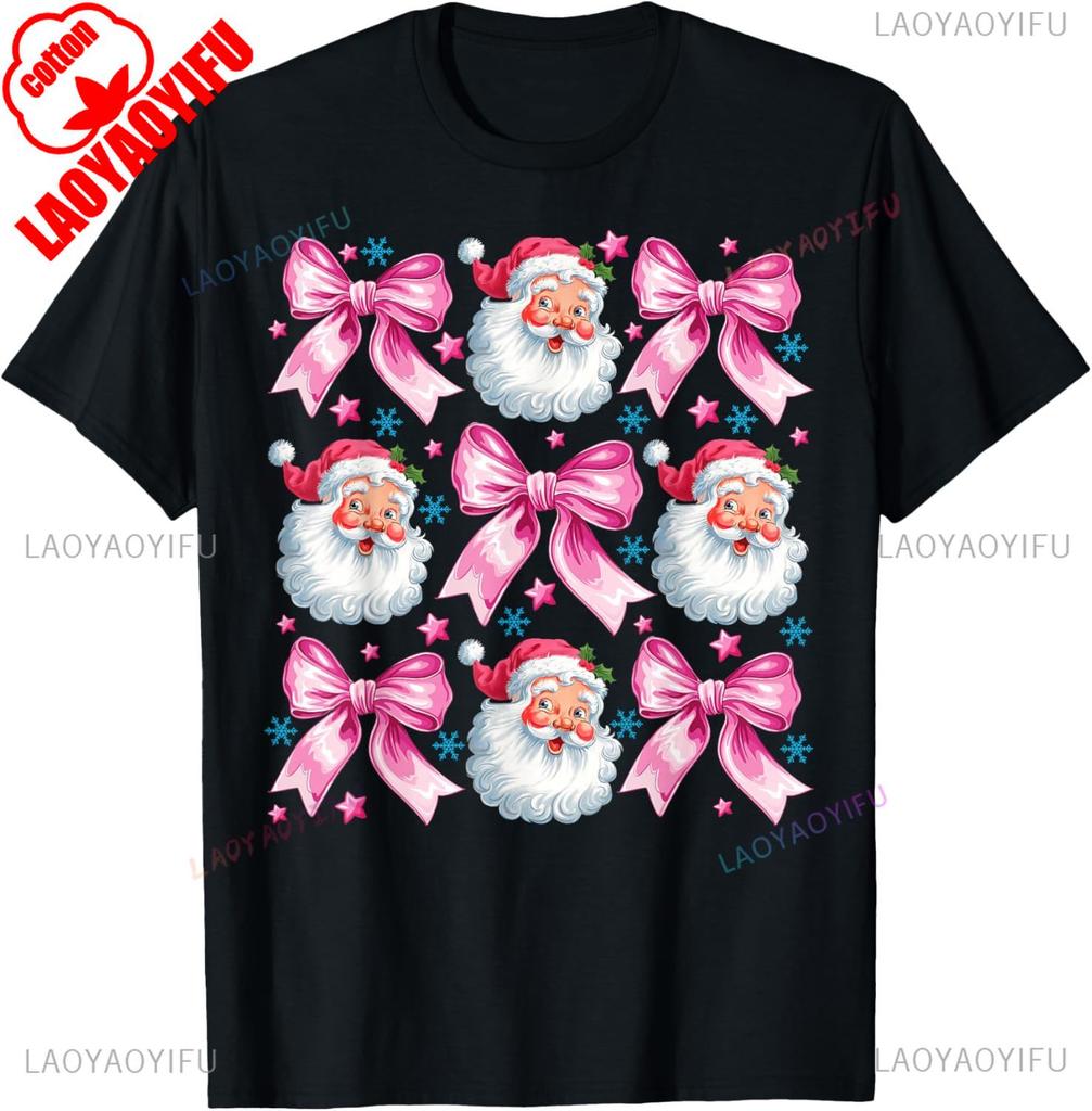 Retro Groovy Coquette Bow Pink Christmas Tree Women Kid Girl TShirt Kawaii Clothes High Quality Cotton Ropa Mujer Casual Style