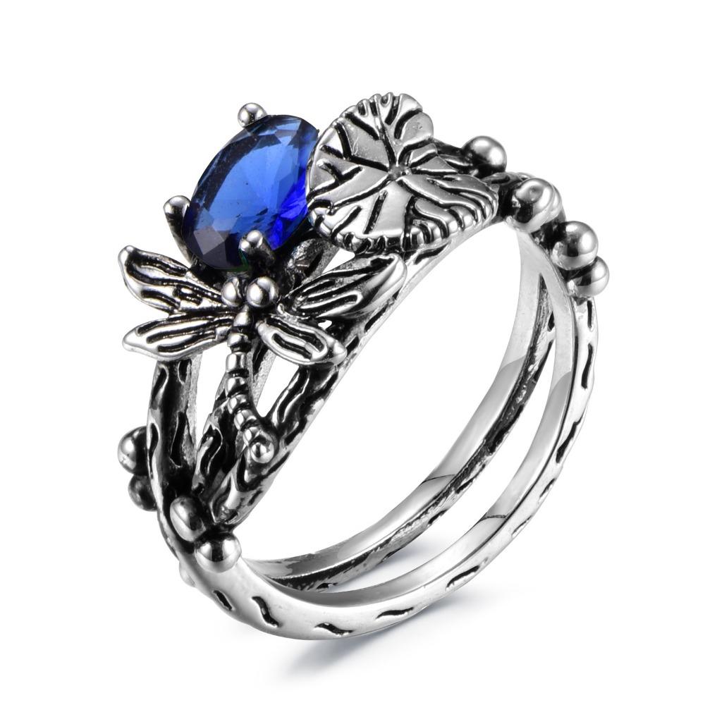 Vintage Dragonfly Lotus Ring for Women with Topaz Silver Plated Bohemian Style Jewelry