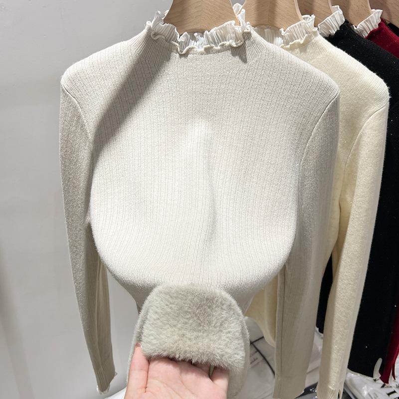 Semi-turtleneck Velvet Thickened Bottoming Shirt for Women's Autumn and Winter New Integrated Velvet Warm Inner with Ruffle Leaf Edge Top for Women
