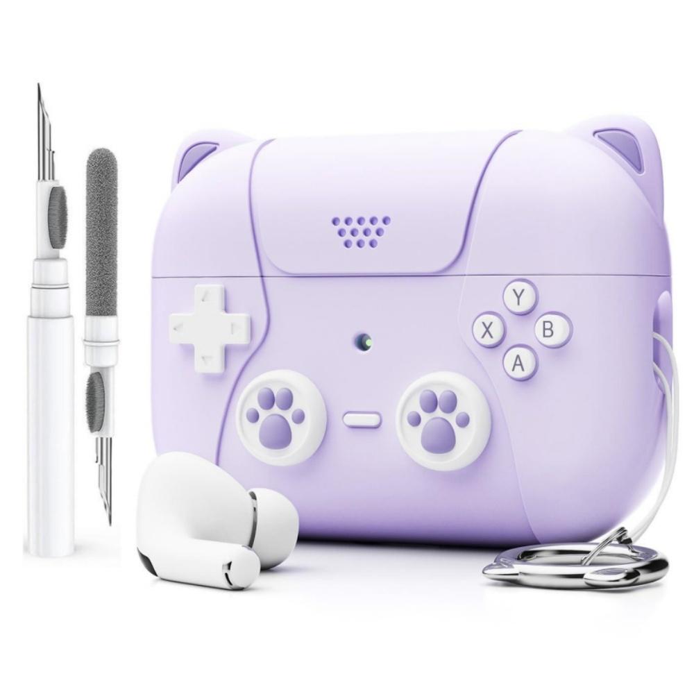 for AirPods 4 Generation Case Cover with Keychain Game Player Design Soft Silicone Case for AirPods Pro2 Charging-Cat Ear Purple