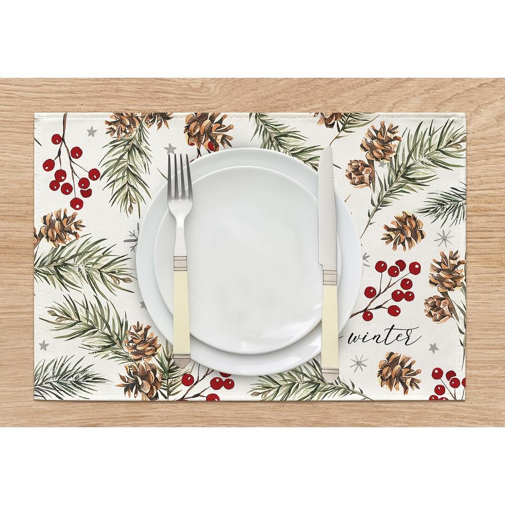 Hello Winter Placemats Set of 4 - Machine Washable Linen Table Mats, Rectangular Woven Christmas Dining Decor with Pine Needle,