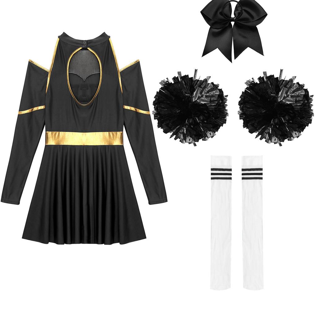 Complete Cheerleading Halloween & Performance Outfit for Women S-XXL: Cutout Dress with Accessories (Bow, Socks, Flowers)